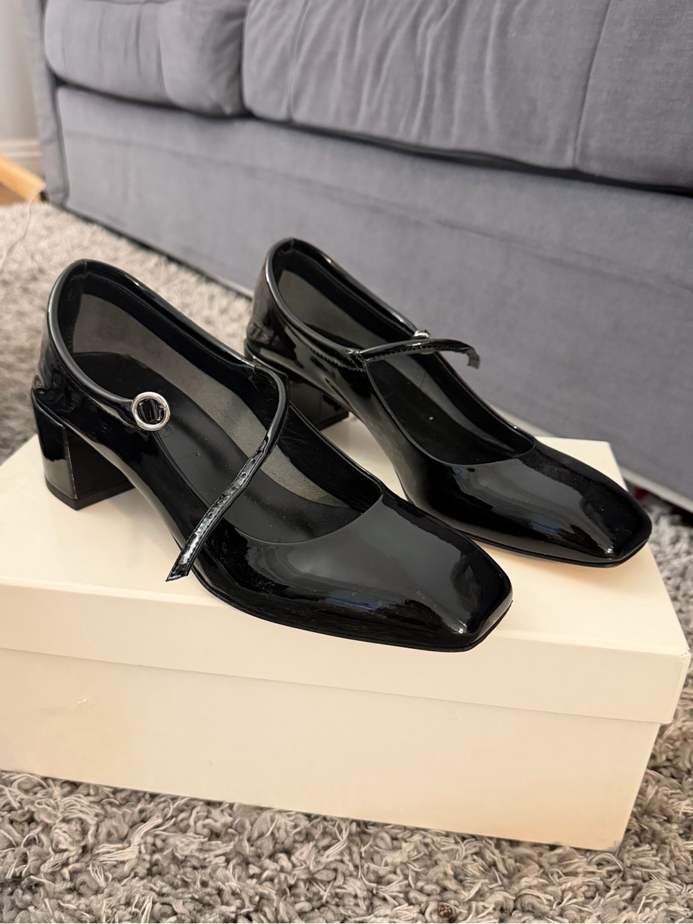 Aeyde Black Patent Mary Jane Flats with Buckle Strap